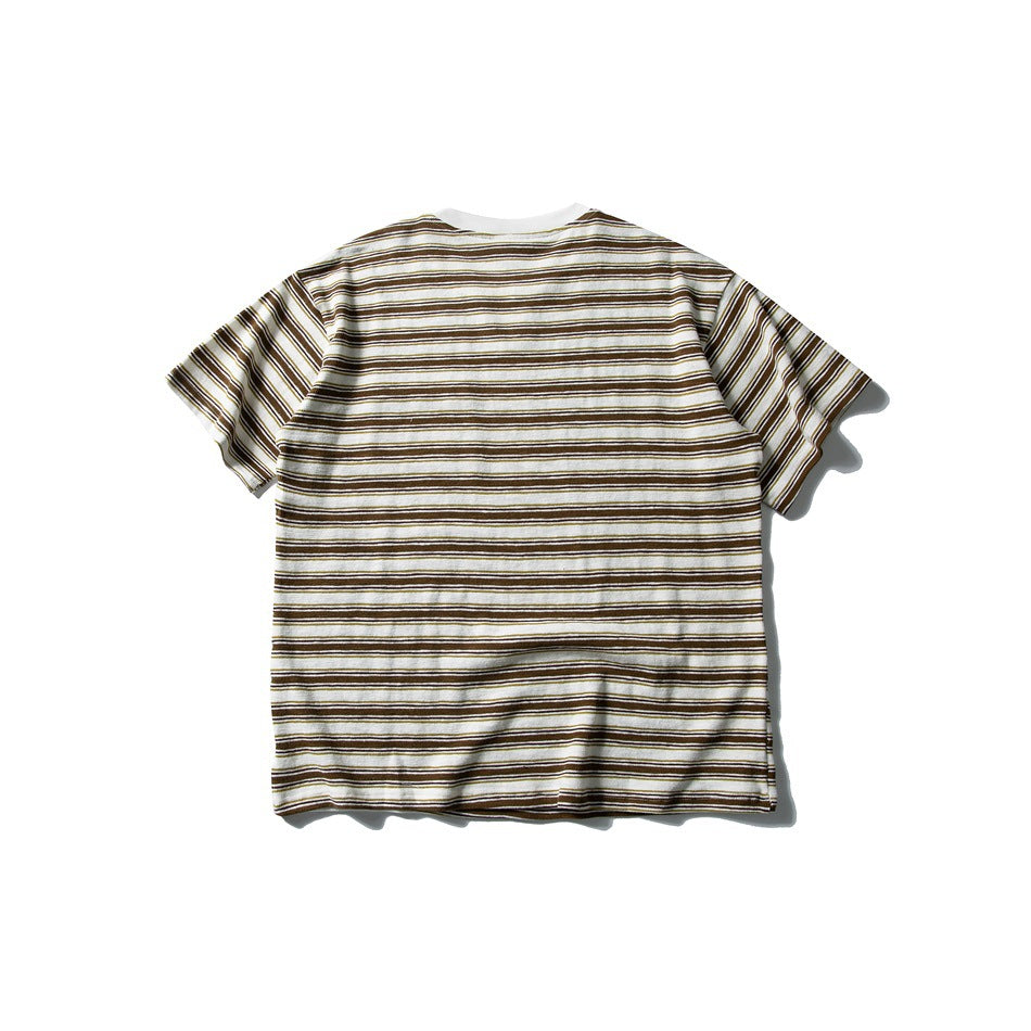 Back view of a cream short-sleeve T-shirt with horizontal brown and olive stripes.