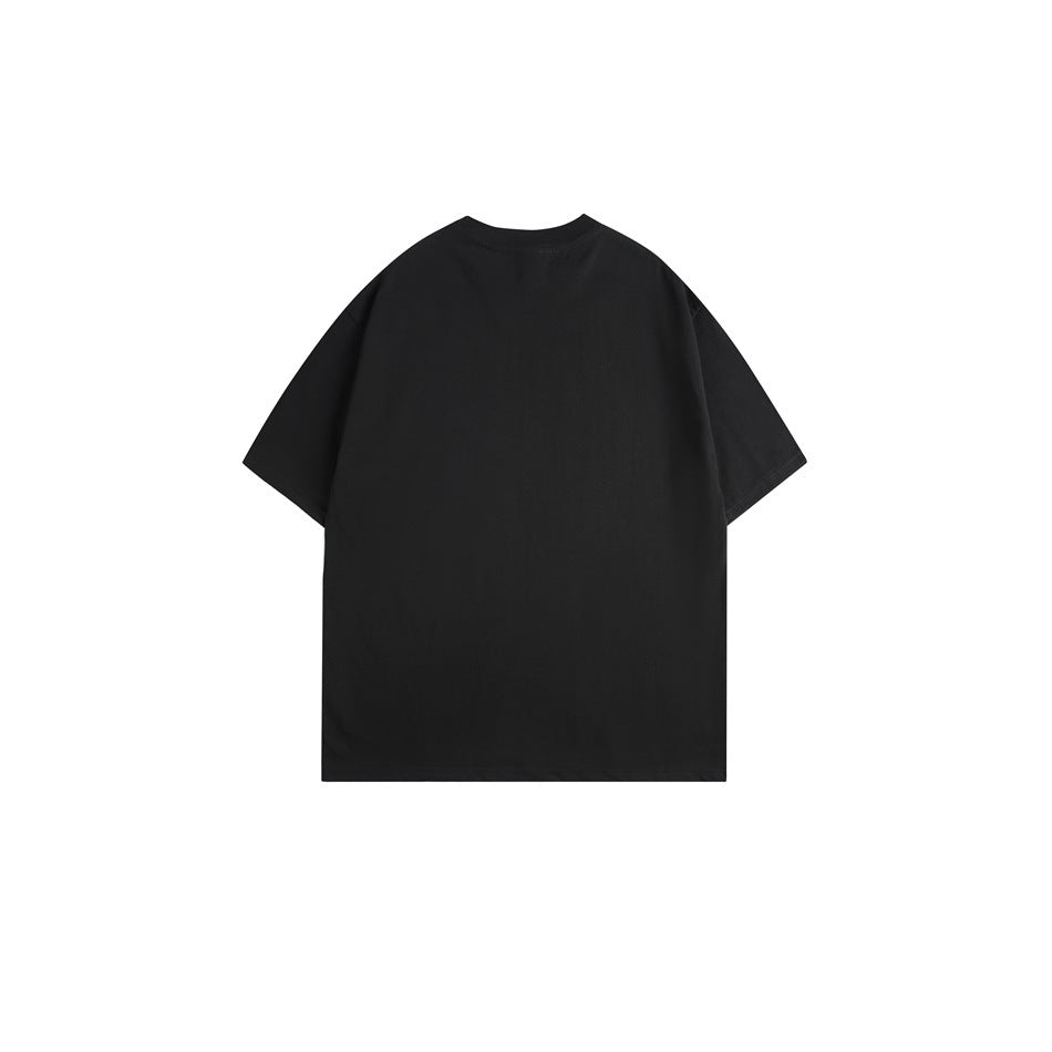 Back view of a plain black short-sleeve crew-neck T-shirt laid flat.