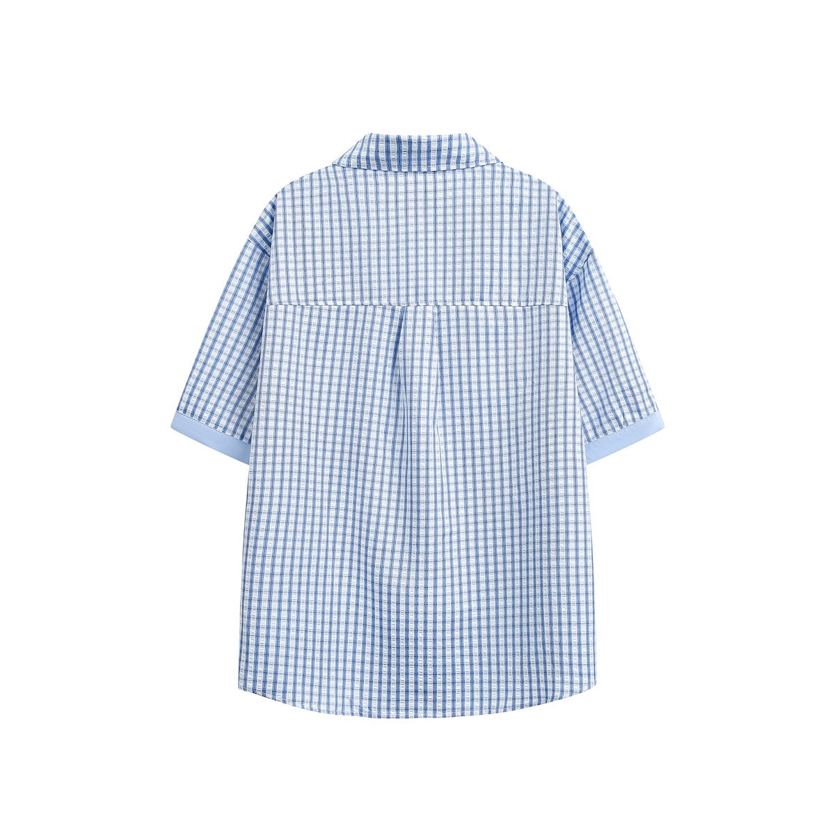 Back view of a blue-and-white plaid short-sleeve button-up shirt with pale blue sleeve cuffs.