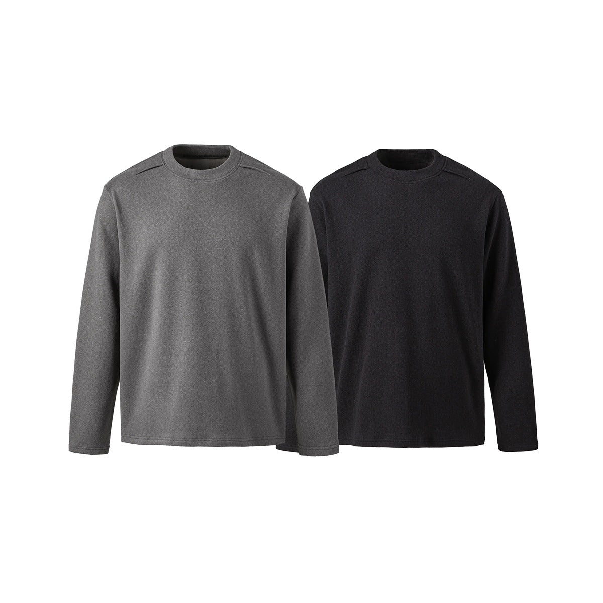 Two plain long-sleeve crewneck shirts shown from the front, one gray and one black.