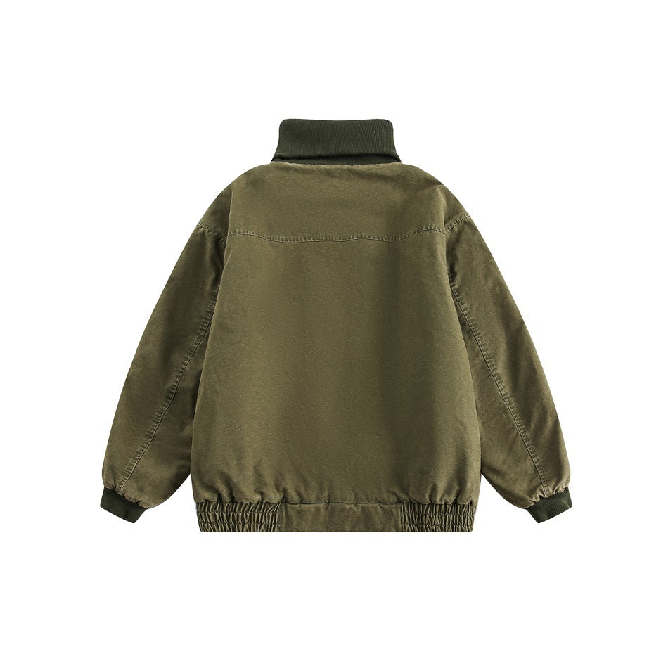 Back of an olive-green jacket with a dark ribbed collar, cuffs, and gathered hem, shown against white.