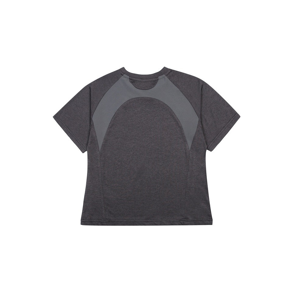 Flat front view of a charcoal short-sleeve crew-neck tee with slate-gray curved panels.