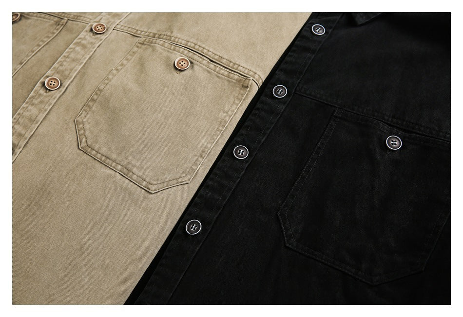 Close-up of tan and black button-up shirts, showing their chest pockets, stitching, and buttons.
