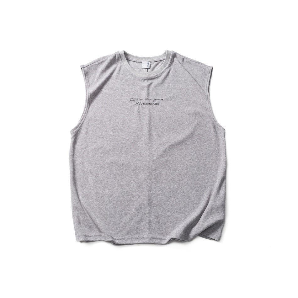 Heather gray sleeveless crew-neck top with small embroidered text on the chest, flat lay front view