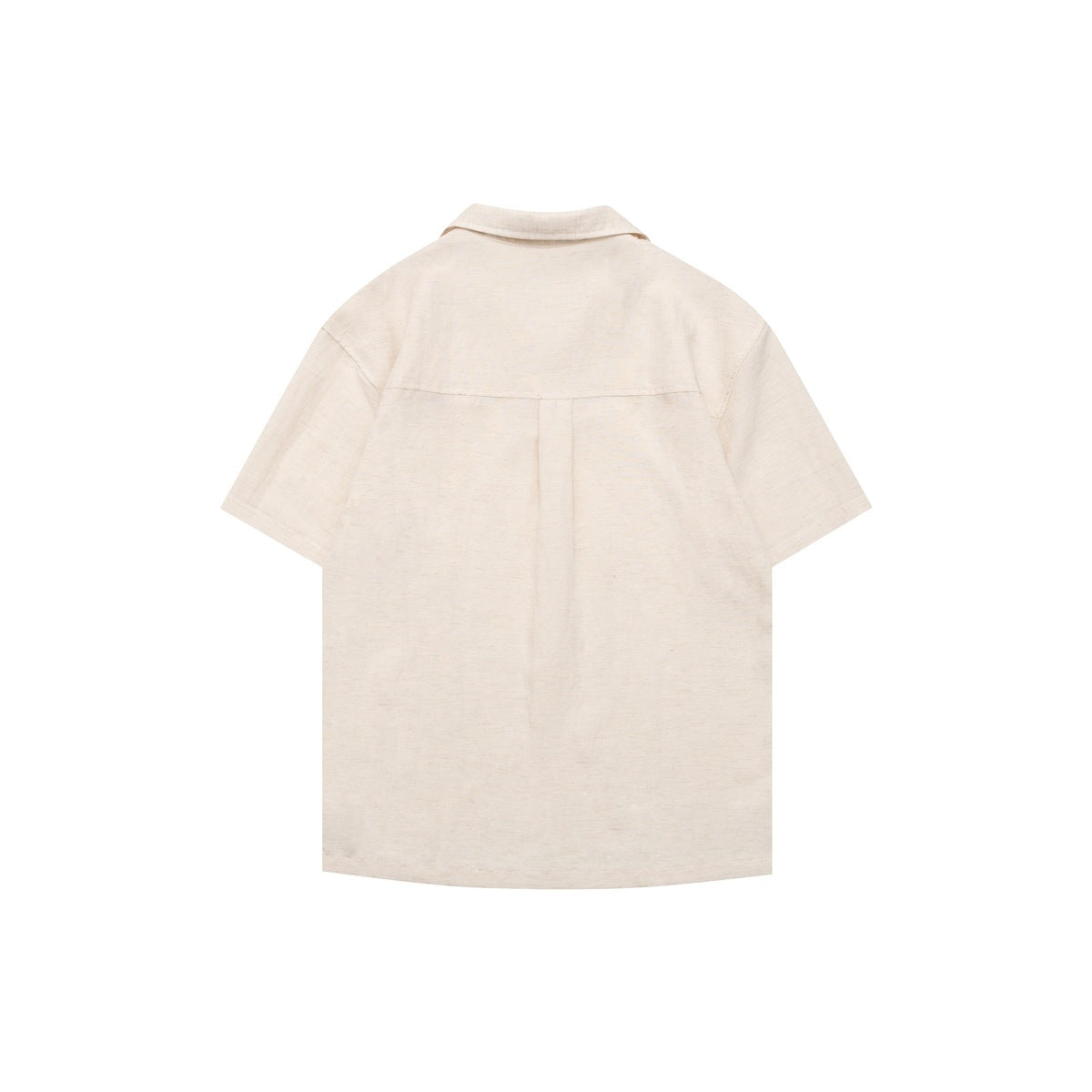 Back view of a light cream short-sleeve collared shirt with a center pleat.