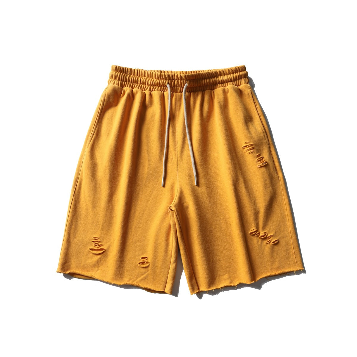 Orange distressed drawstring shorts with off-white cord, front flat lay