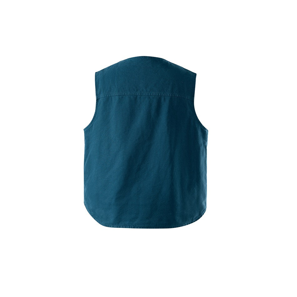 Back view of a teal sleeveless vest with a curved hem and horizontal shoulder seam.