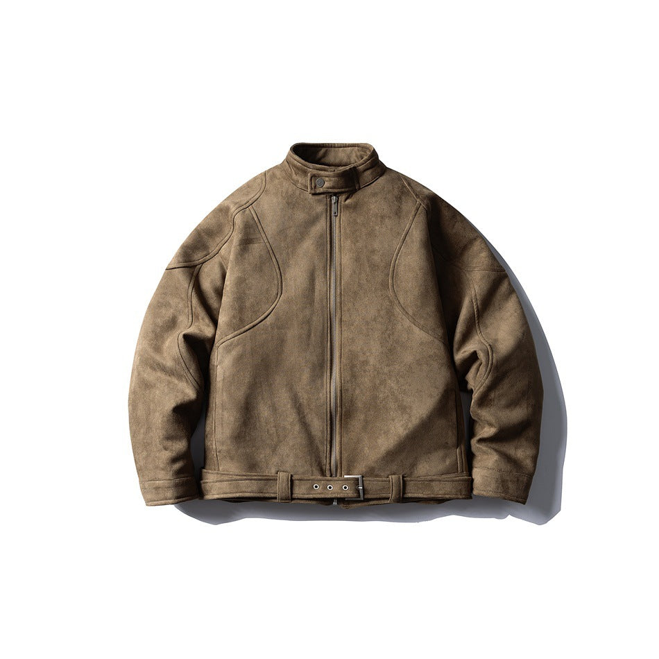 Brown suede-look stand-collar zip jacket with curved seam panels and buckled hem belt, flat front view