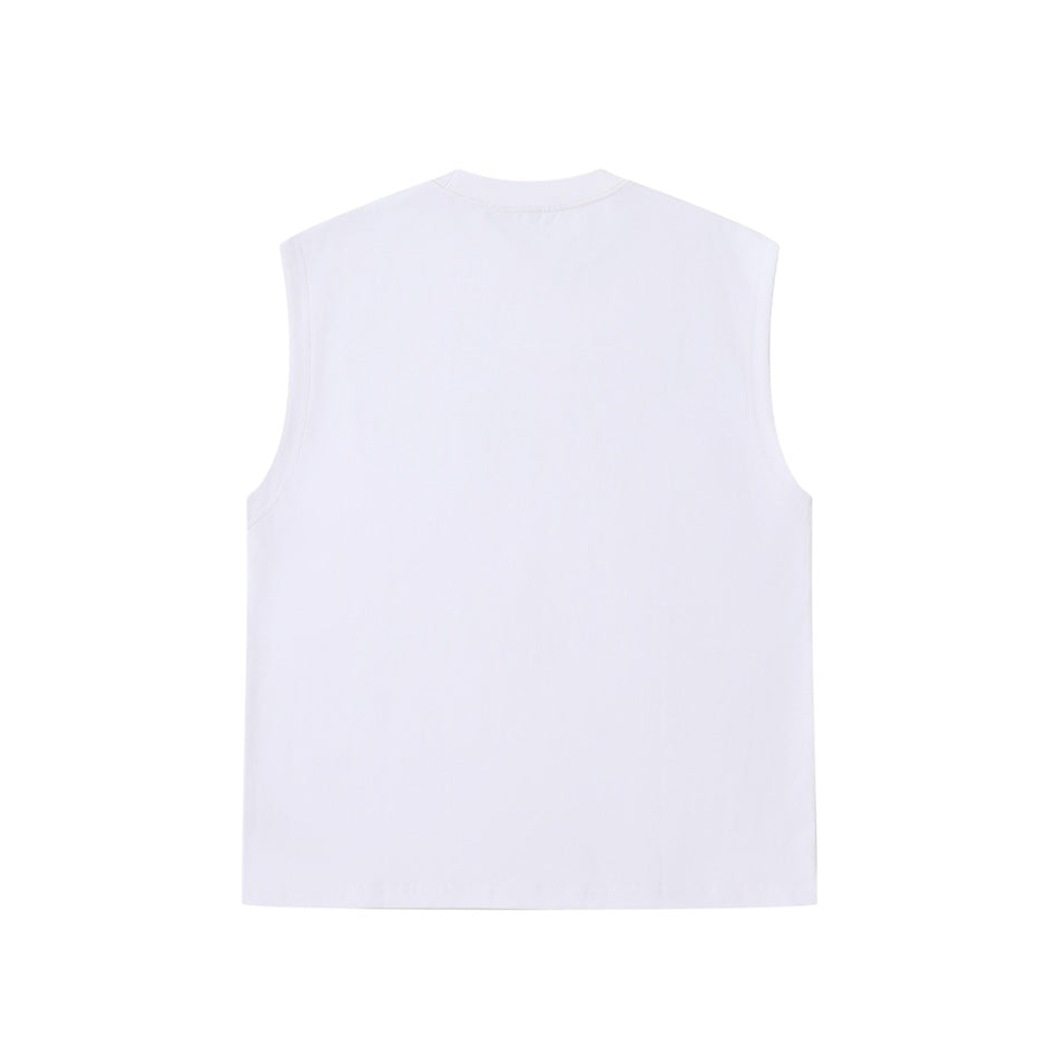 Back view of a plain white sleeveless crew-neck top.
