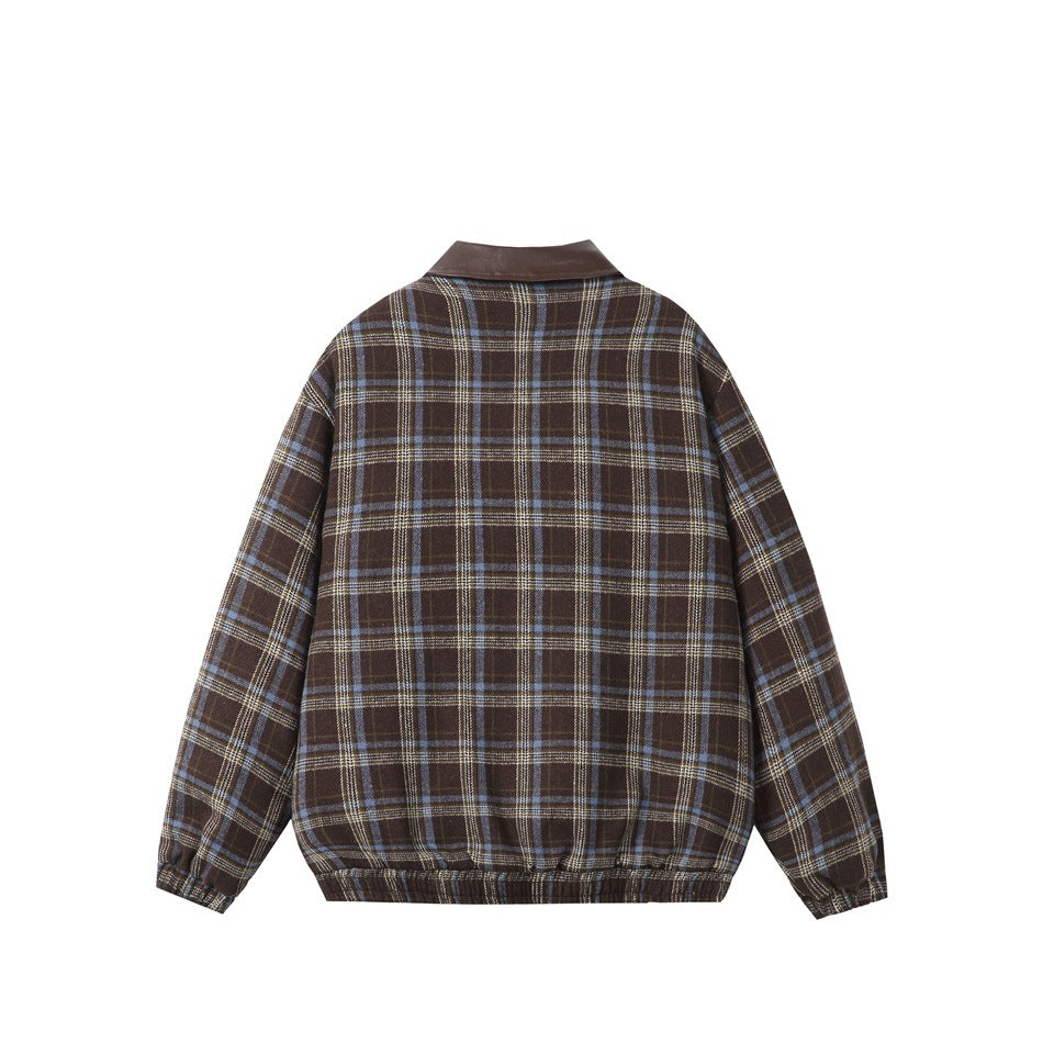 Back view of a brown plaid jacket with a dark brown collar and gathered elastic hem and cuffs.