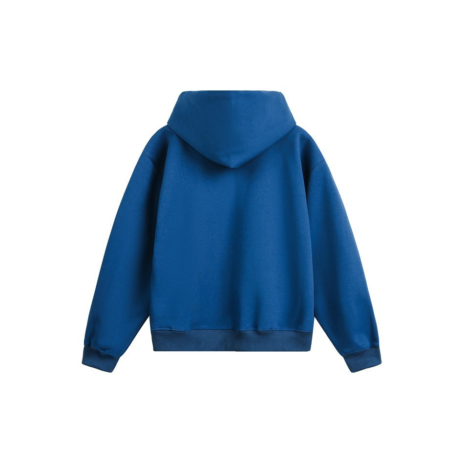 Back view of a blue hooded sweatshirt with long sleeves and ribbed cuffs and hem.