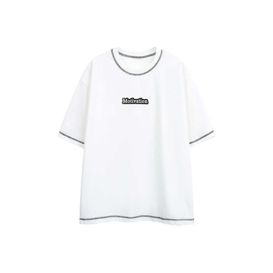White short-sleeve t-shirt with dark contrast stitching and a small Motivation graphic on the chest