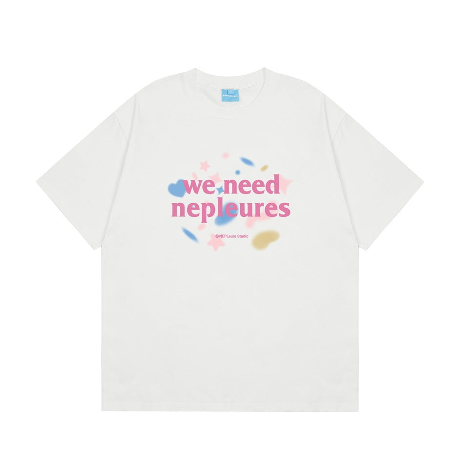 White short-sleeve crew-neck T-shirt with pink 'we need nepleures' text and pastel blurred hearts and stars on the front