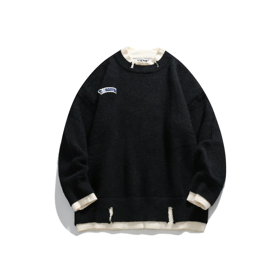 Black ribbed crew-neck sweater with off-white contrast neckline, cuffs and distressed hem, flat front view