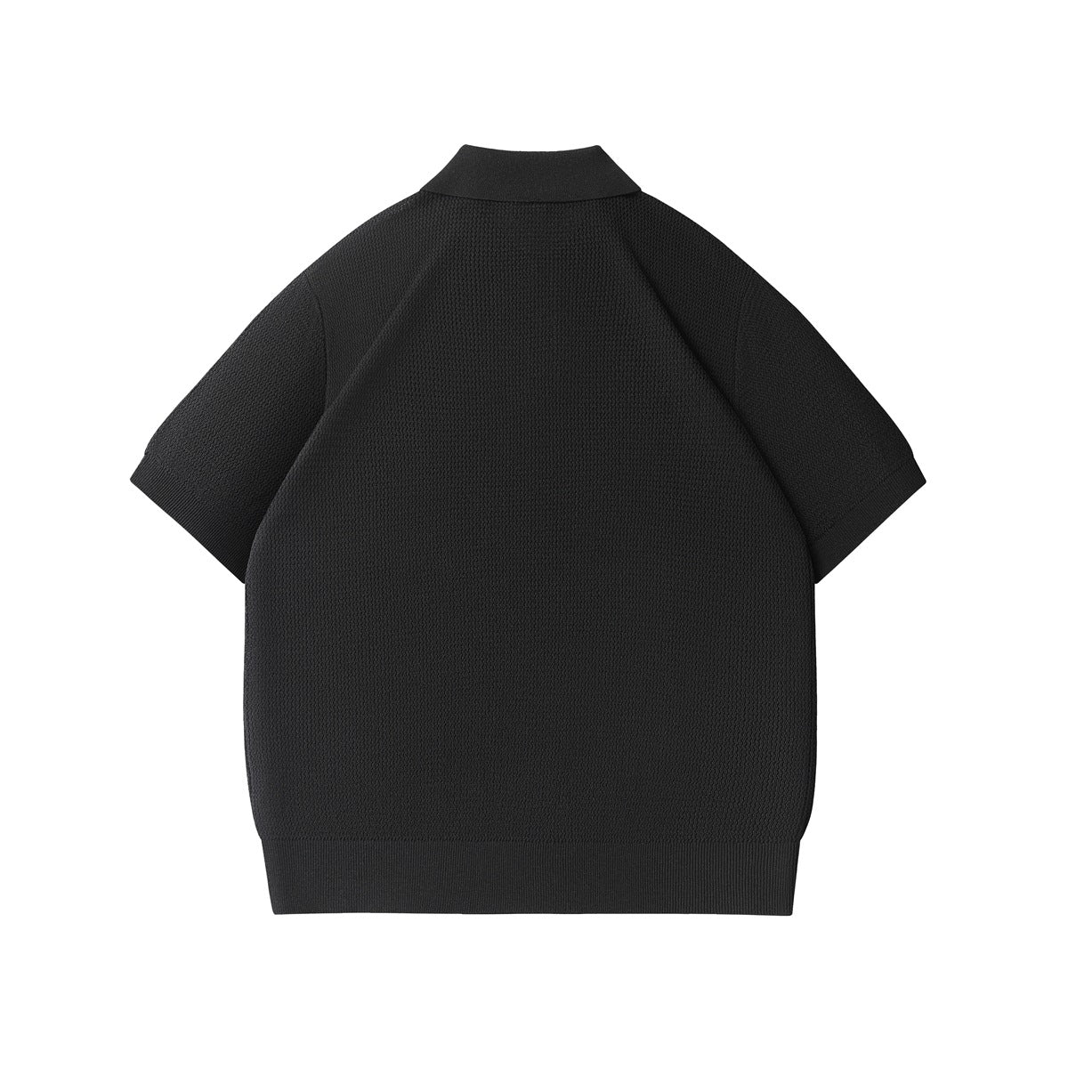Back view of a plain black short-sleeve polo shirt with a textured knit and ribbed collar and hem.