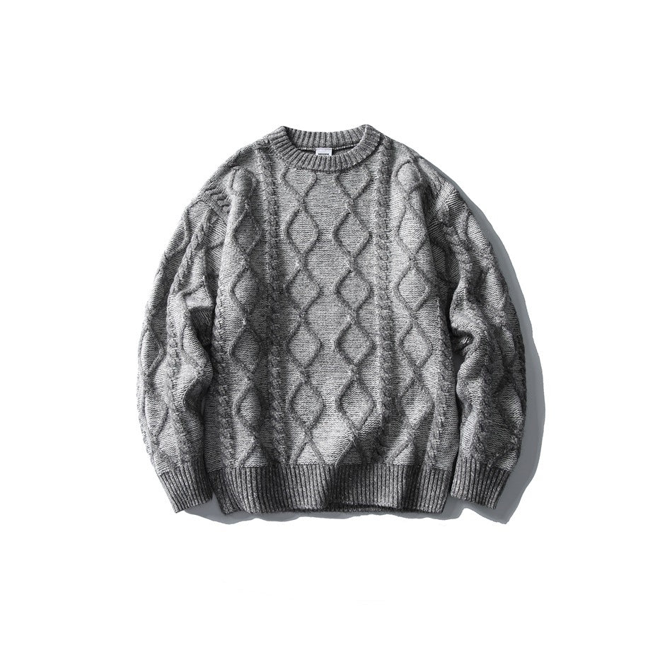 Gray diamond cable-knit crew-neck sweater with ribbed trim, flat front view