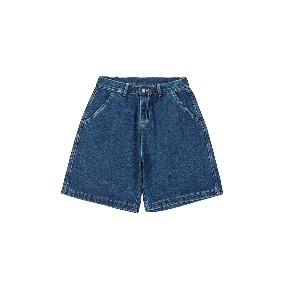 Front view of dark blue denim shorts with a button fly, belt loops, curved front pockets, and wide legs.