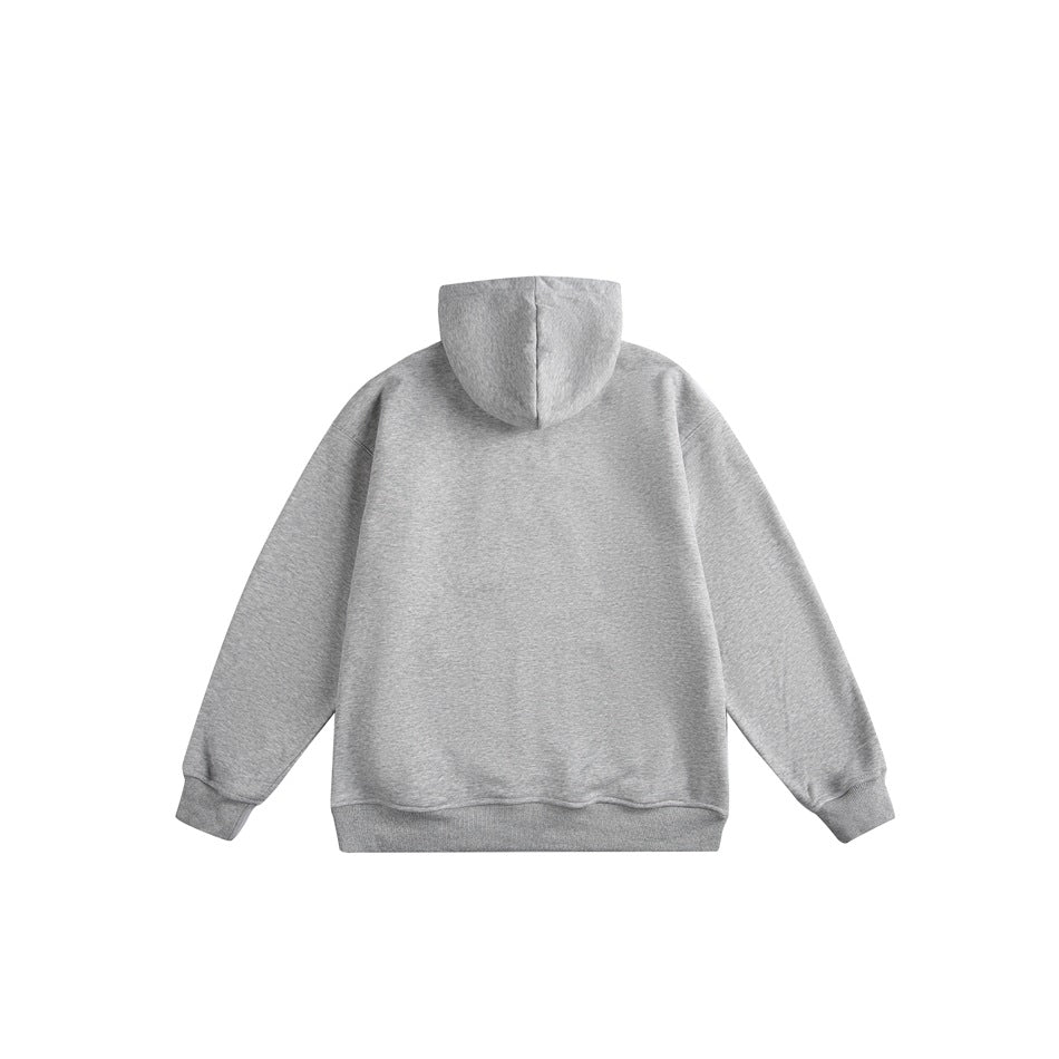 Back view of a heather-gray pullover hoodie with a plain body, hood, long sleeves, and ribbed cuffs and hem.