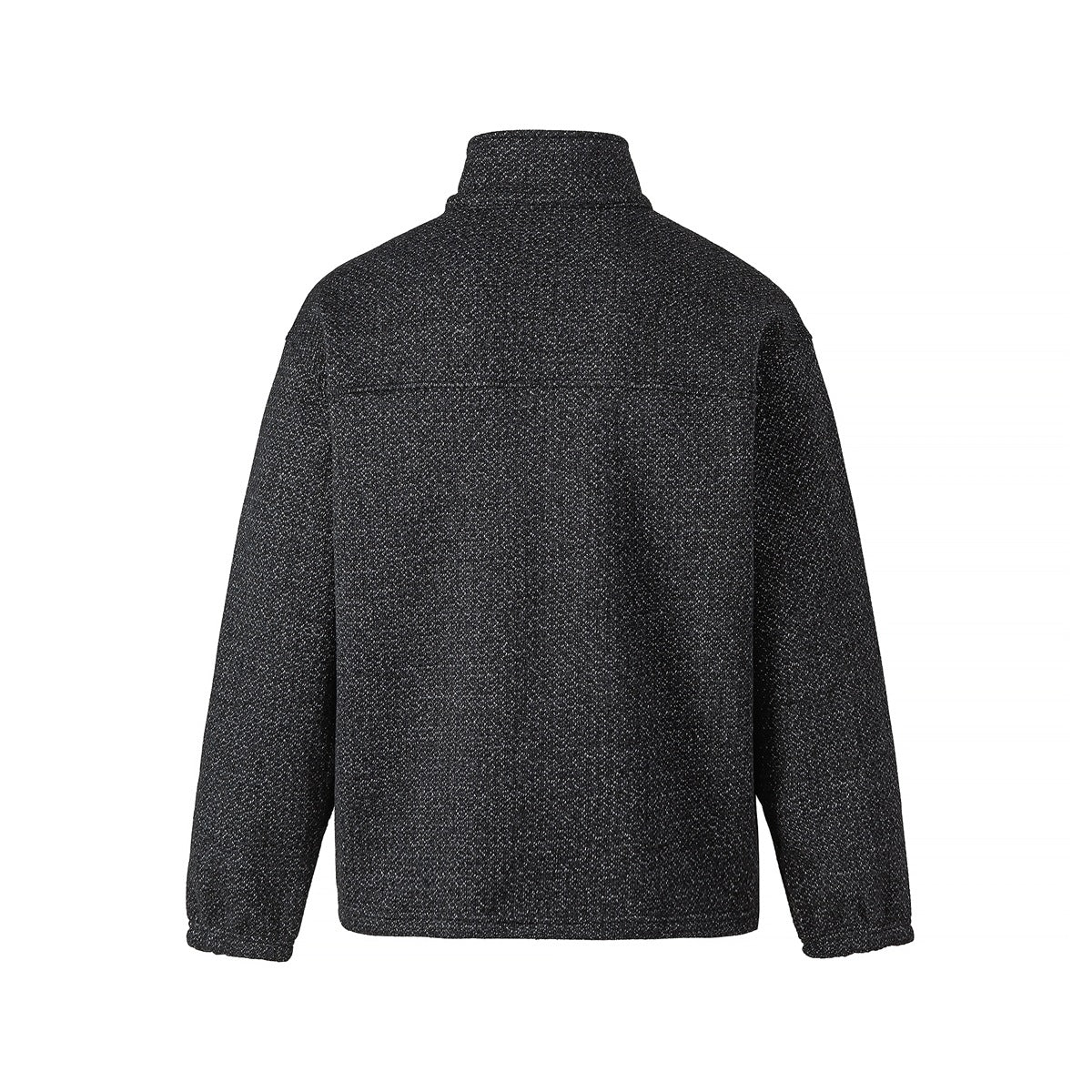 Back view of a black marled pullover with a stand collar and long sleeves.