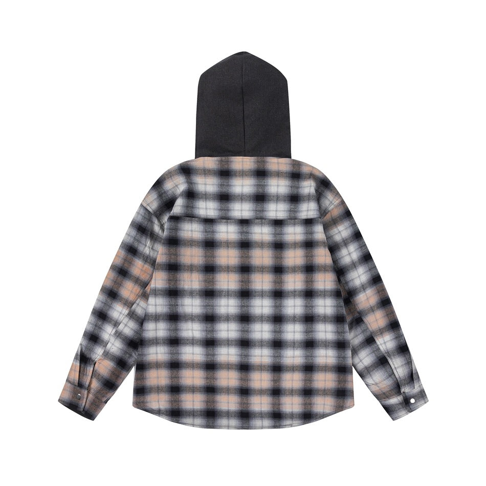 Back of a hooded overshirt with a solid black hood and gray, black and peach plaid body and sleeves.