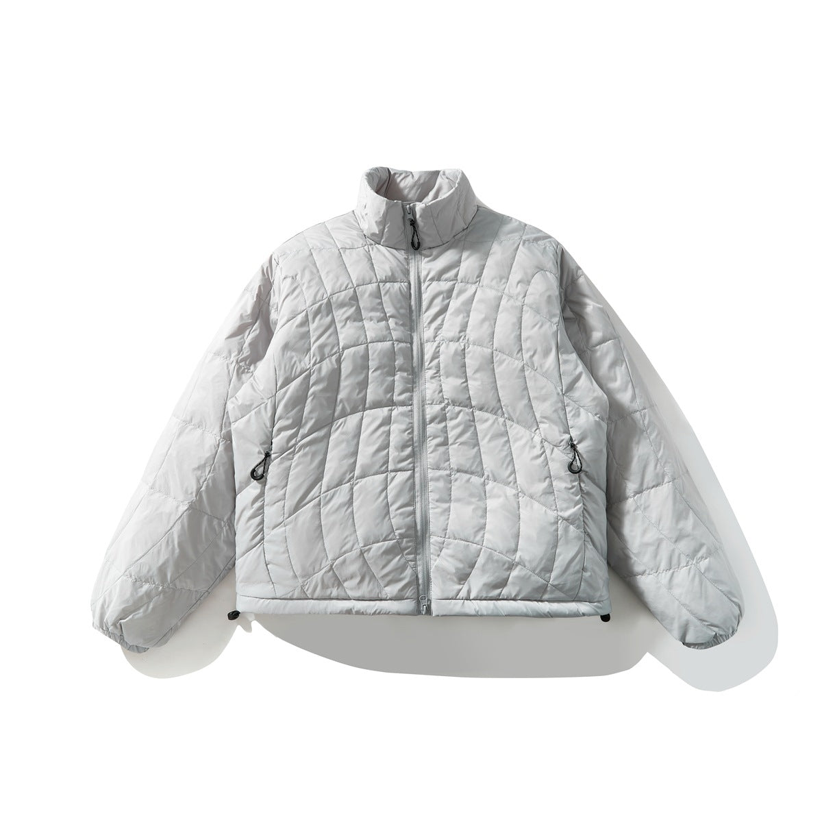 Light gray quilted stand-collar zip jacket laid flat, front view, with curved grid quilting and drawcord hem
