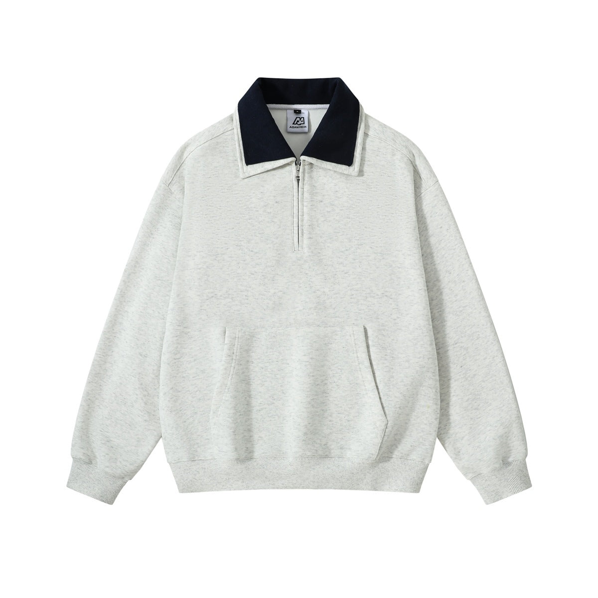 Light heather gray quarter-zip sweatshirt with navy collar and front pouch pocket, flat front view