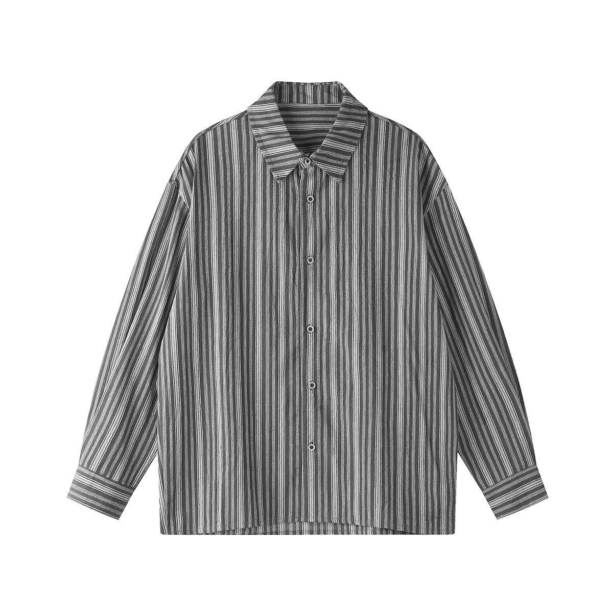 Flat-lay front of a long-sleeve gray vertical-striped button-up shirt with pointed collar and buttoned cuffs
