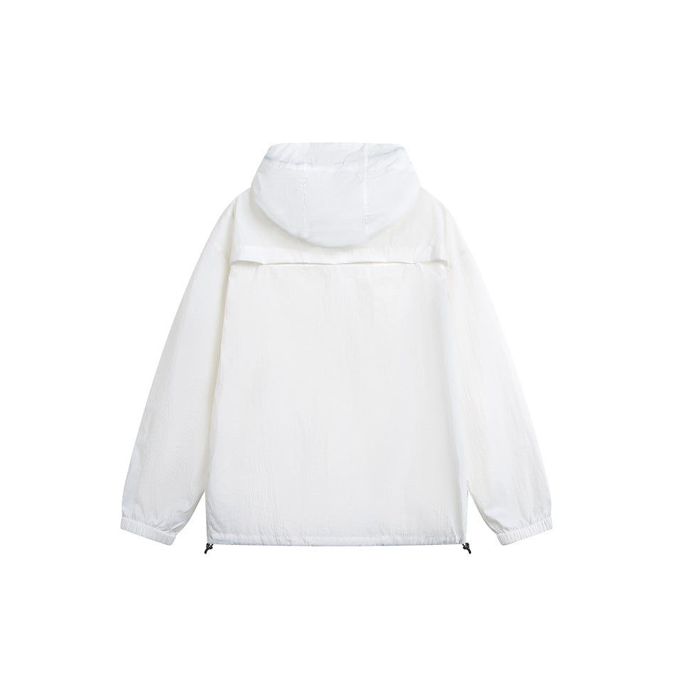 Back view of a white hooded jacket with elastic cuffs and adjustable hem cords on a white background.
