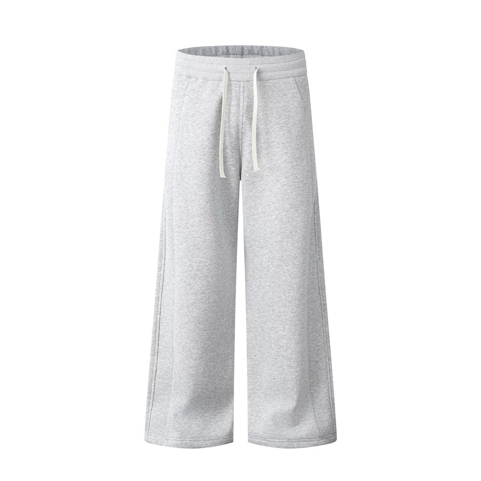 Heather gray wide-leg drawstring sweatpants with ribbed waistband, flat front view