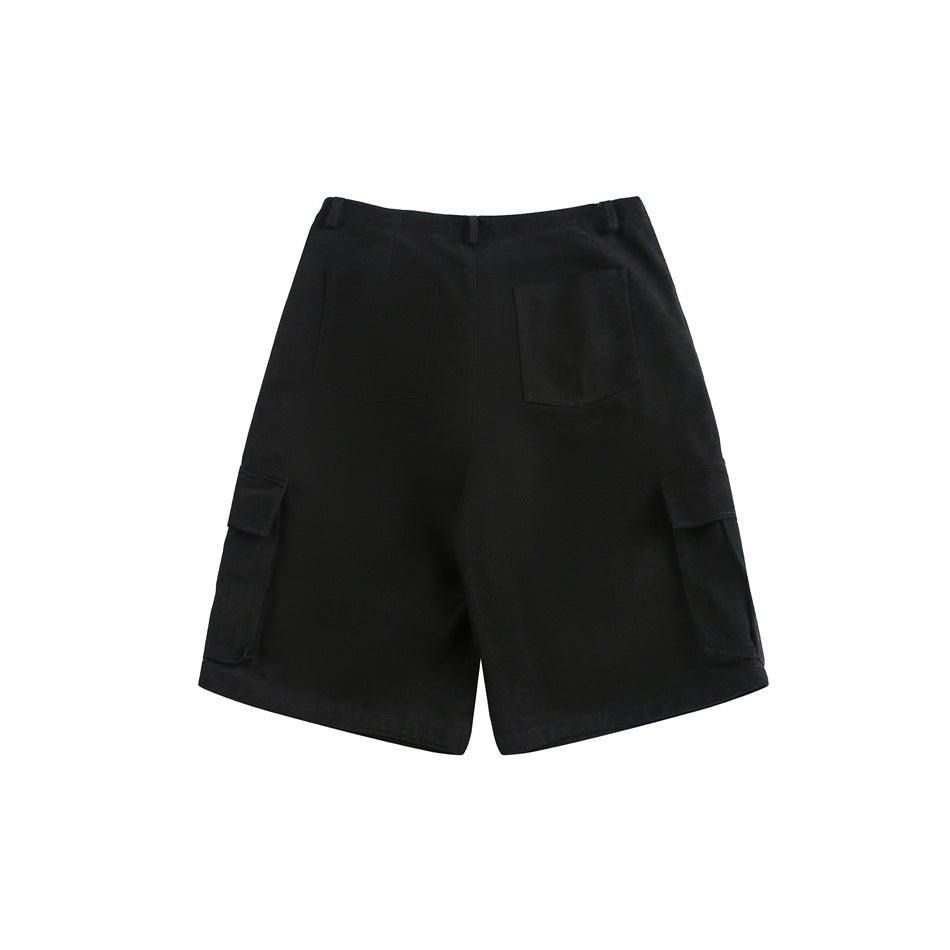 Back view of black knee-length cargo shorts with two rear pockets and side flap pockets.