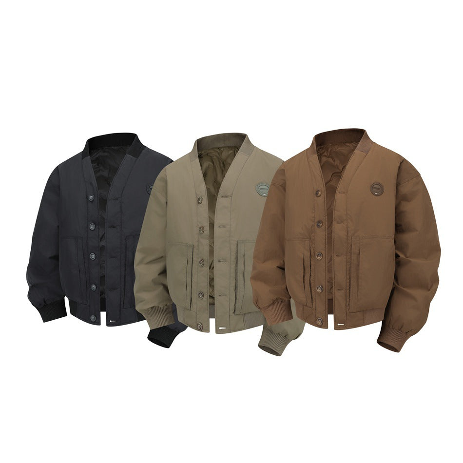 Three button-front jackets with ribbed trim shown in navy, olive-taupe, and brown.