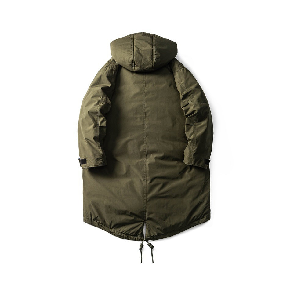 Back view of an olive long hooded parka laid flat, with adjustable cuffs and a drawcord hem.