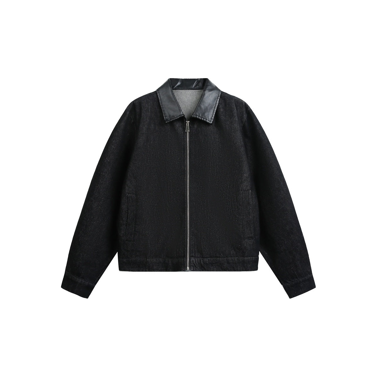 Black denim-style zip jacket with leather-look collar, flat front view