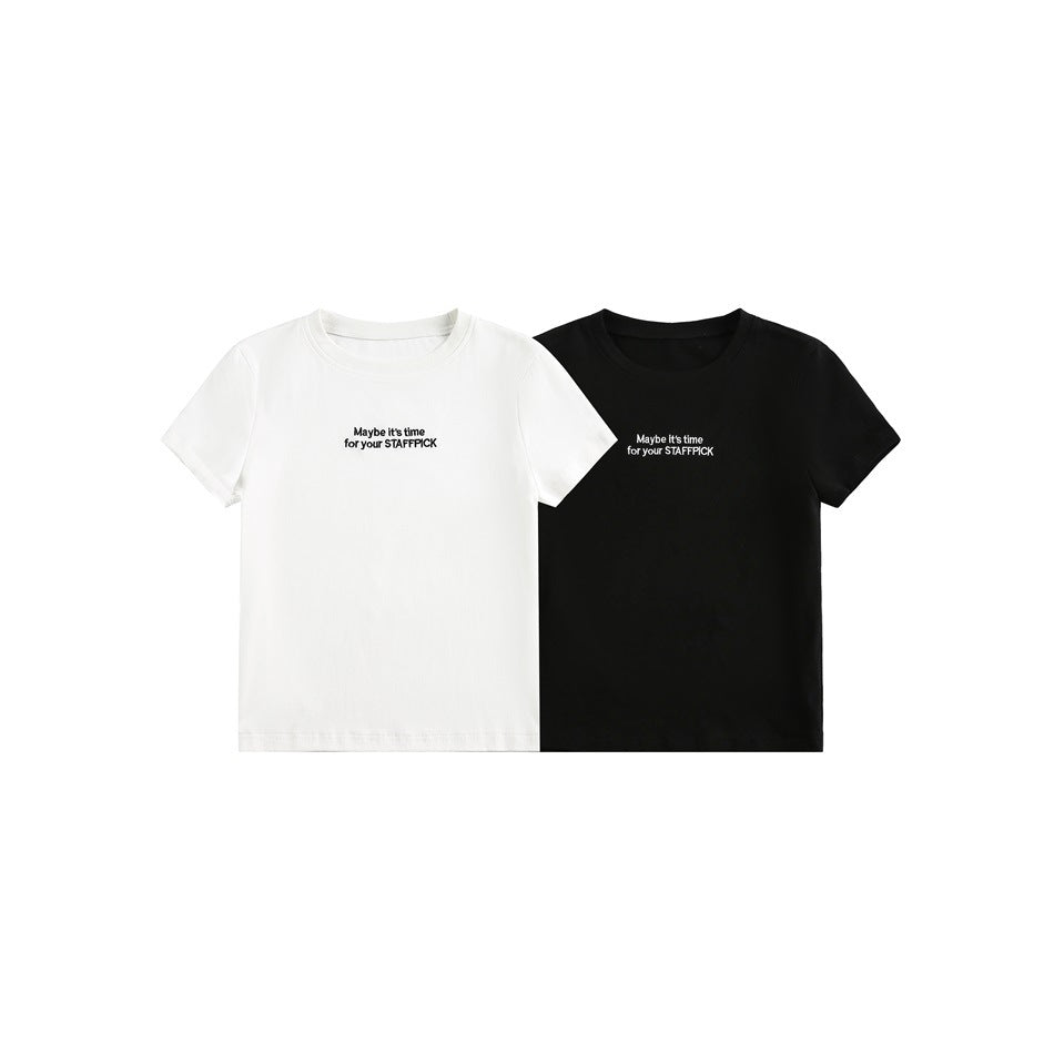 White and black short-sleeve crew-neck T-shirts shown side by side, each with small English chest text.