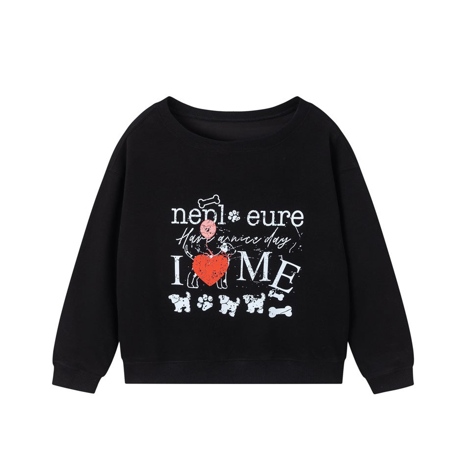 Black crew-neck sweatshirt with white dog, red heart, paw print and bone graphic print on the chest