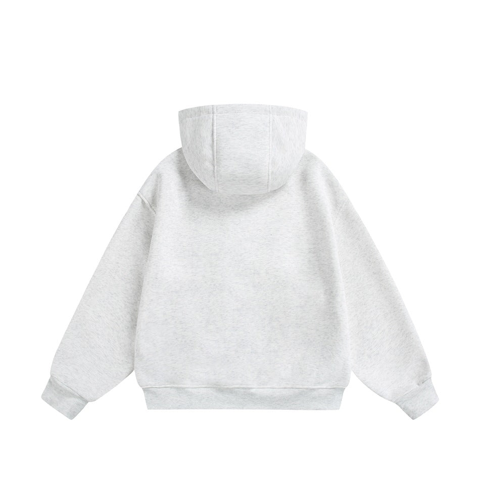 Back view of light heather gray hoodie with hood, ribbed cuffs and hem, plain back