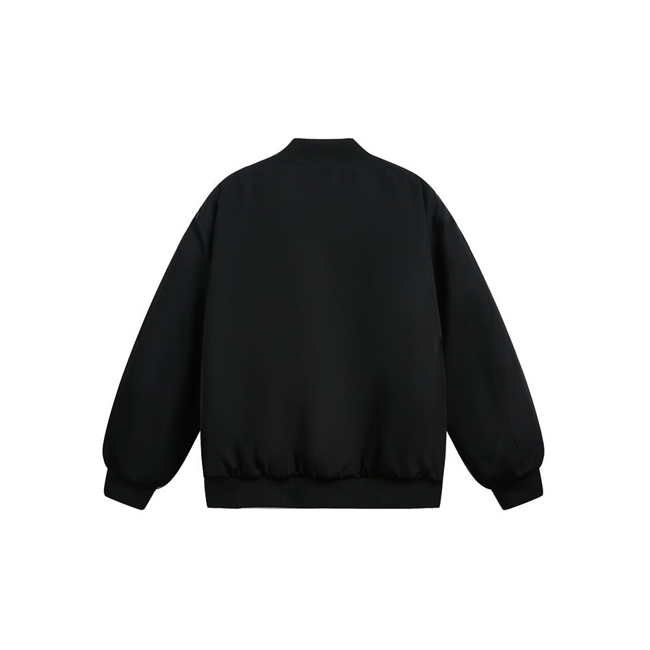 Back view of a black bomber jacket with a ribbed collar, cuffs, and hem.