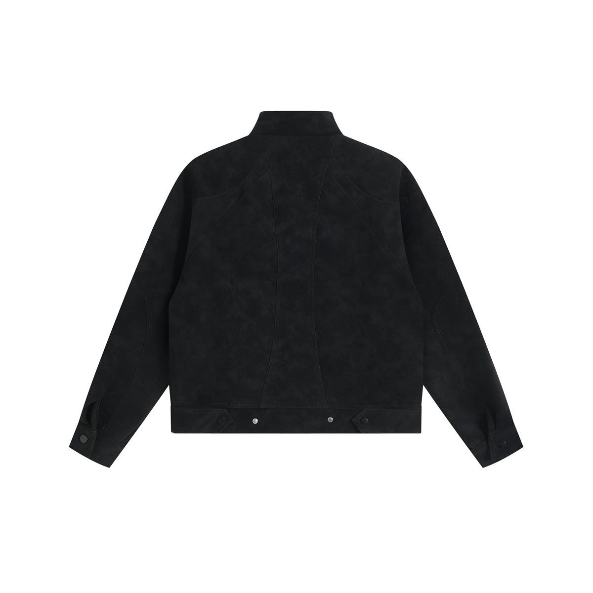 Back view of a black jacket with a high collar, panel seams, snap-tab cuffs and hem.