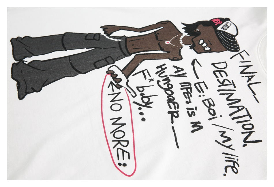 Angled close-up of a white T-shirt with a cartoon figure in dark pants and handwritten-style black text with pink accents.