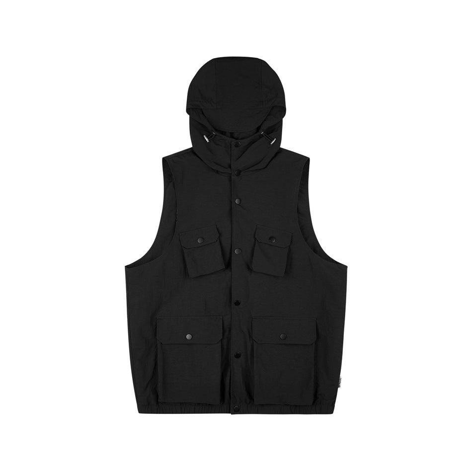 Black sleeveless hooded utility vest with snap front and four flap pockets, flat front view
