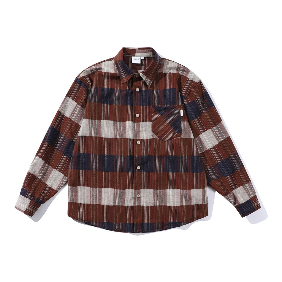 Front view of a brown plaid long-sleeve button-up shirt with navy and cream checks and a chest pocket.