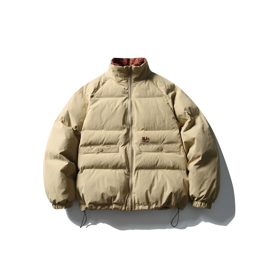 Khaki stand-collar puffer jacket, front view, zipper, flap pockets, drawcord hem and reddish-brown collar lining