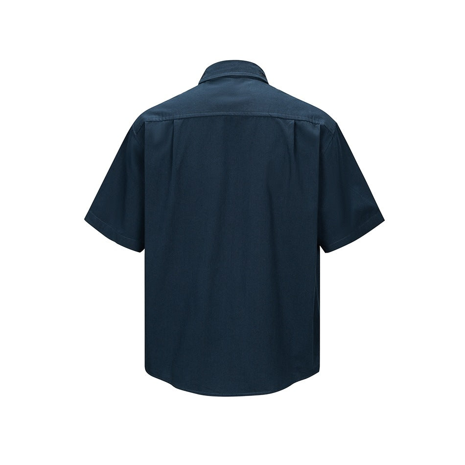 Back view of a dark navy short-sleeve button-up shirt with a pointed collar and curved hem.