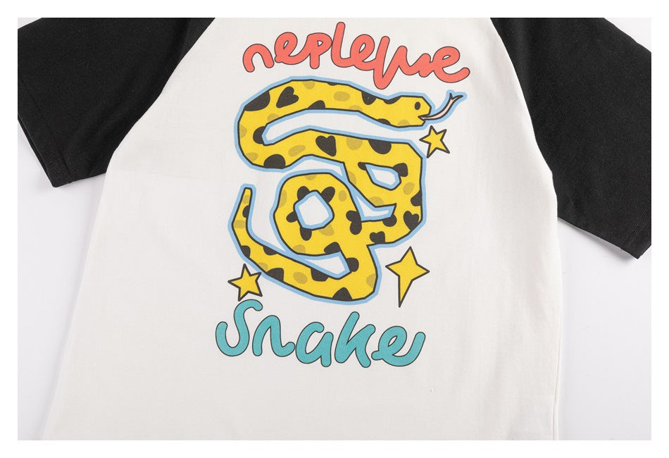 Front view of an off-white raglan T-shirt with black sleeves and a large colorful snake-and-star graphic.