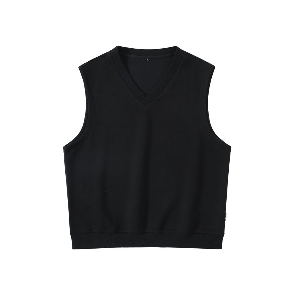 Black sleeveless V-neck vest with ribbed neckline and hem, flat front view