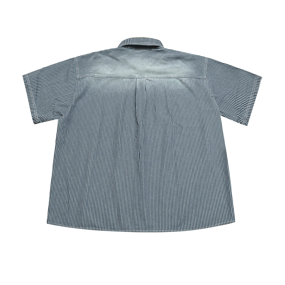 Back view of blue and white striped short-sleeve shirt with yoke seam and faded upper back