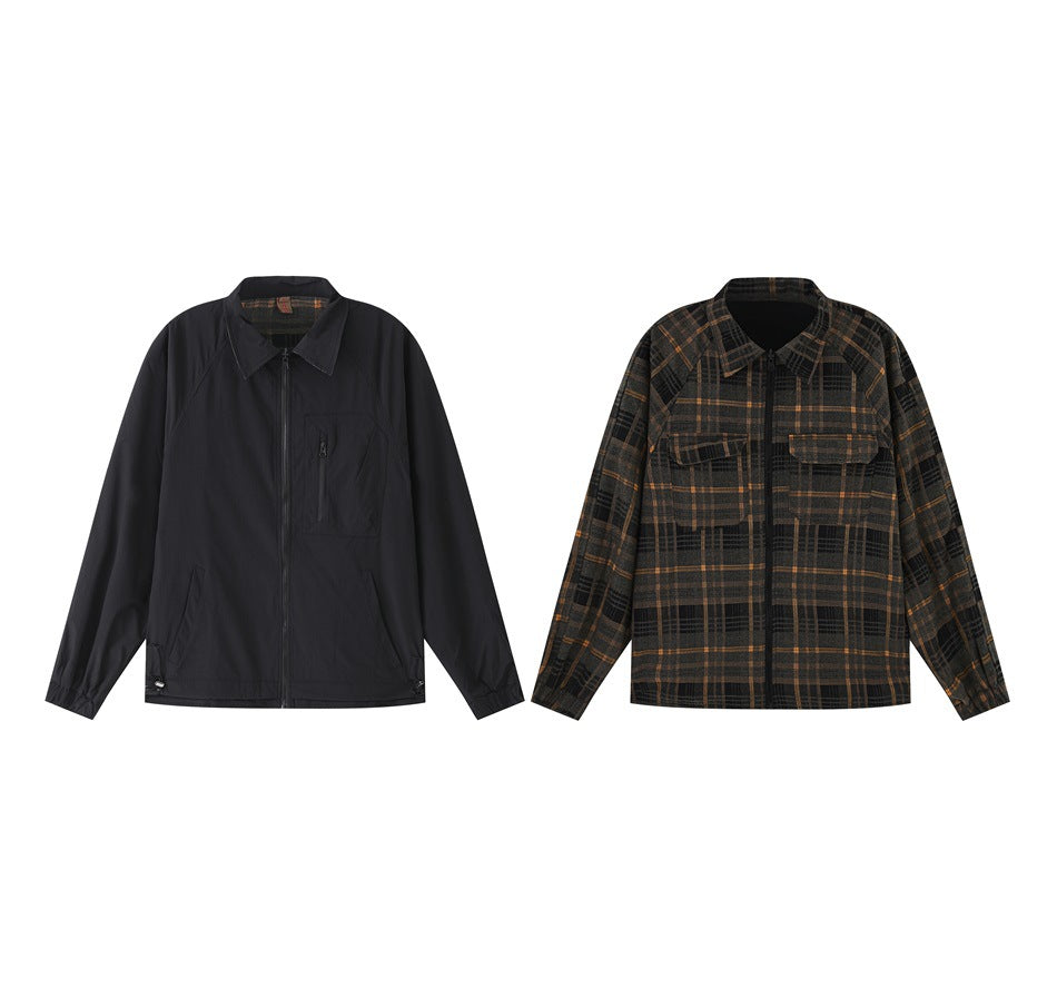 Two jackets displayed side by side: a solid black zip-front jacket and a dark brown-and-black plaid jacket.
