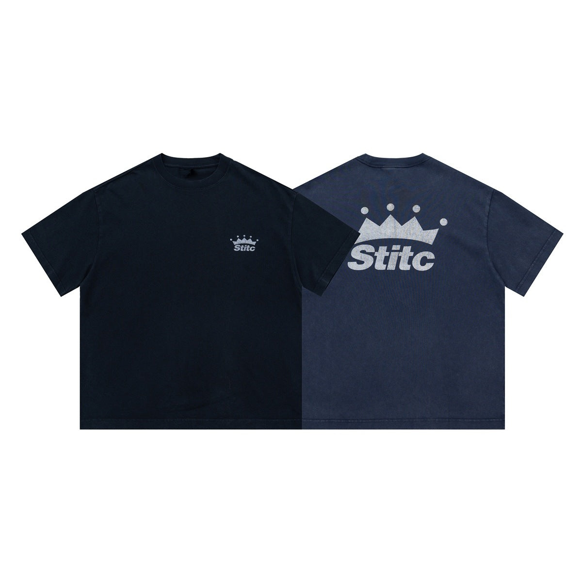 Dark navy crew-neck T-shirt shown from the front and back, with small chest and large back crown wordmarks.