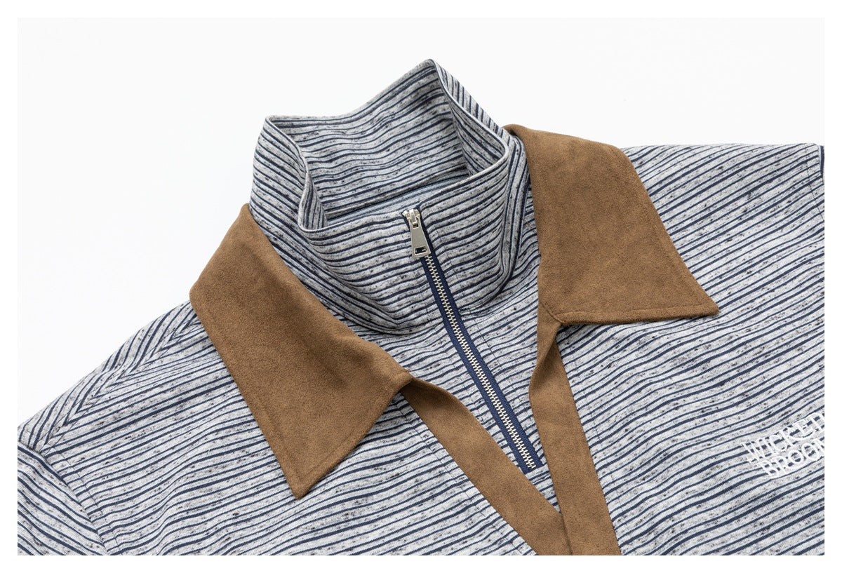 Close-up of the striped top’s stand collar, tan lapels, and front zipper.