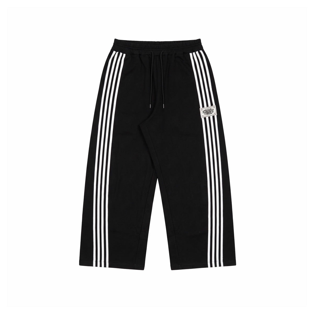 Black wide-leg sweatpants with white side stripes, drawstring waist and PERMANENT patch, front flat lay